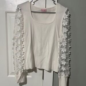 Pink Lily White Floral Lace Sleeve Sweater size L